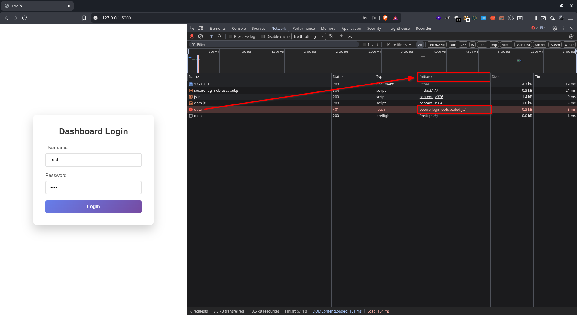 Melihat sumber request login menggunakan fitur Initiator di DevTools Chrome