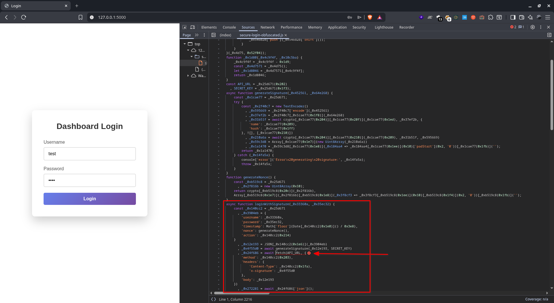 Tampilan source code JavaScript yang di obfuscate pada tab Sources DevTools