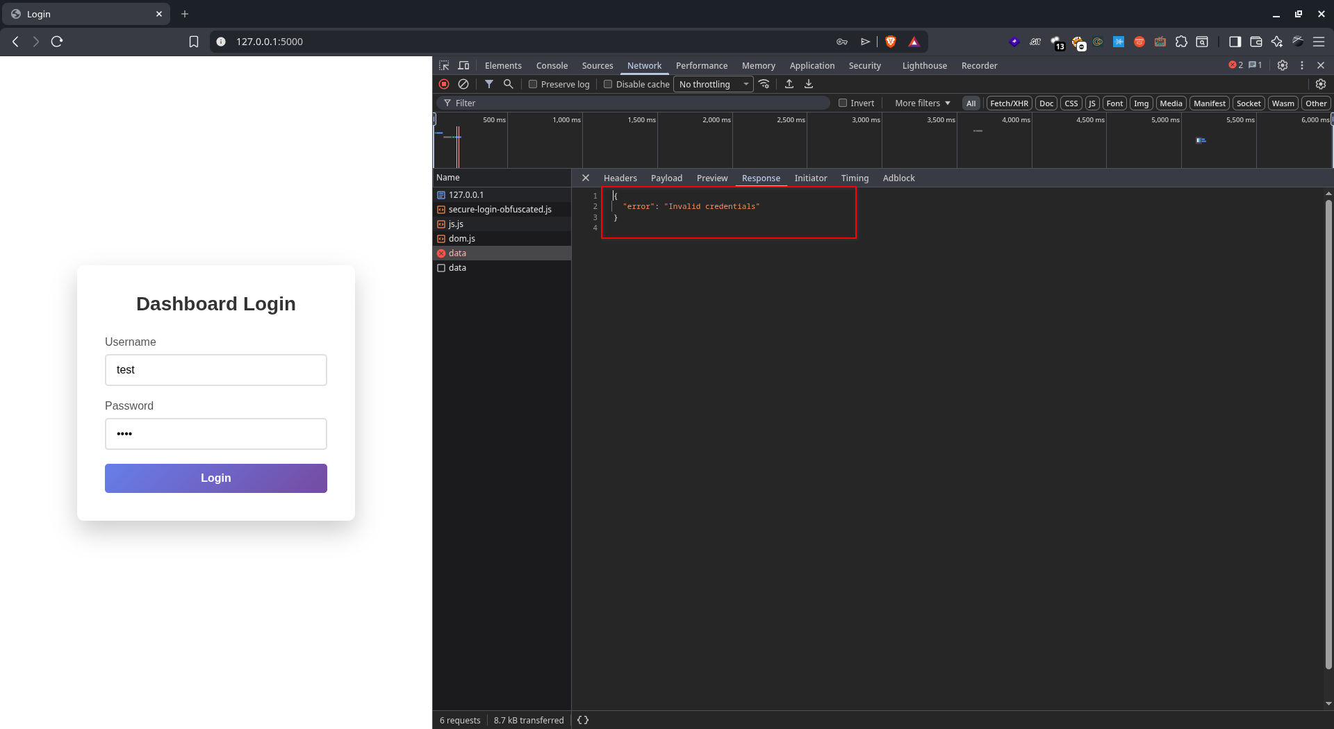 Tampilan respon error invalid credentials pada web target pentest lab