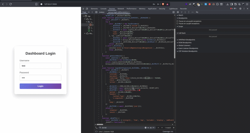Animasi melihat nilai secret key lewat parameter fungsi generateSignature di tab debugger
