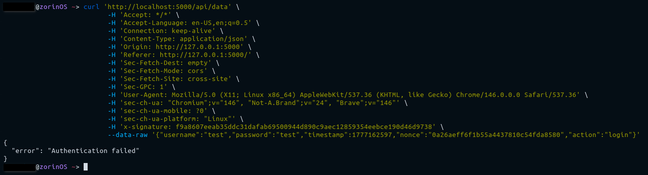 Hasil eksekusi ulang request menggunakan curl di terminal yang menghasilkan error authentication failed