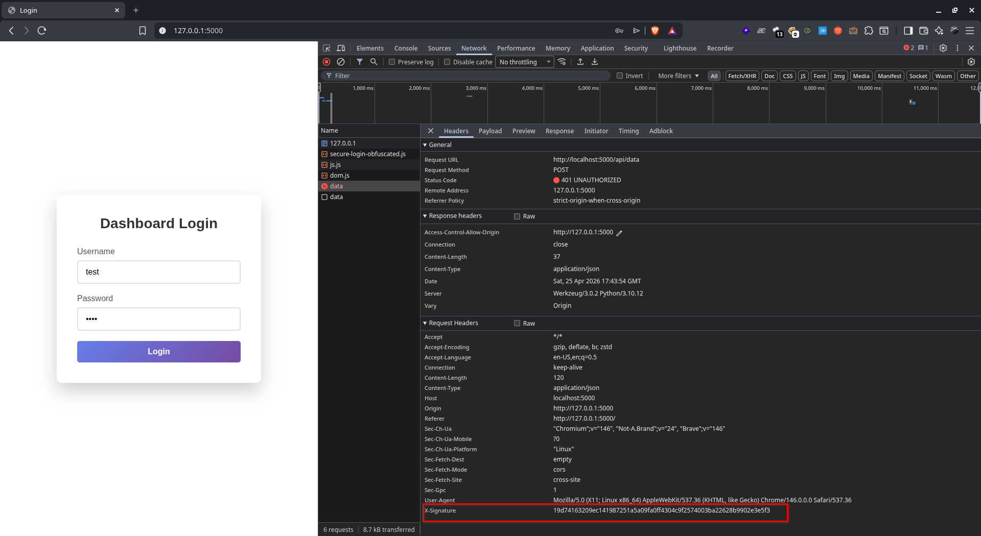 Mengecek custom header x-signature pada tab Network Developer Tools Browser