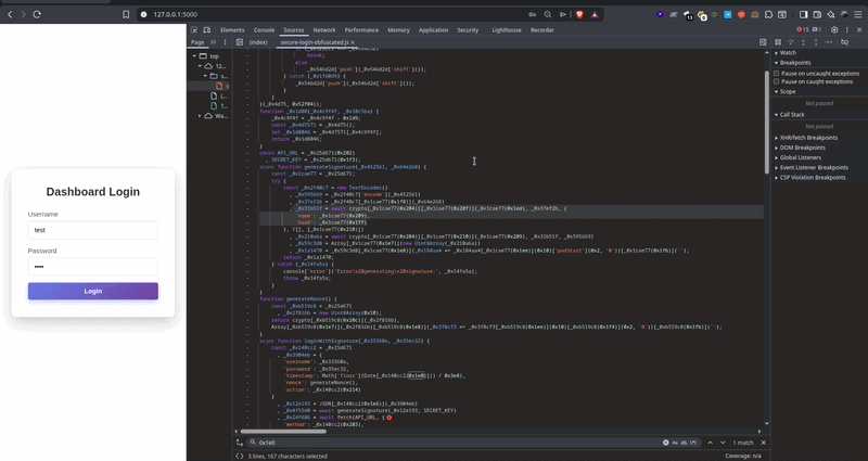 Animasi debugging fungsi generateSignature untuk melihat algoritma HMAC SHA256 pada panel DevTools